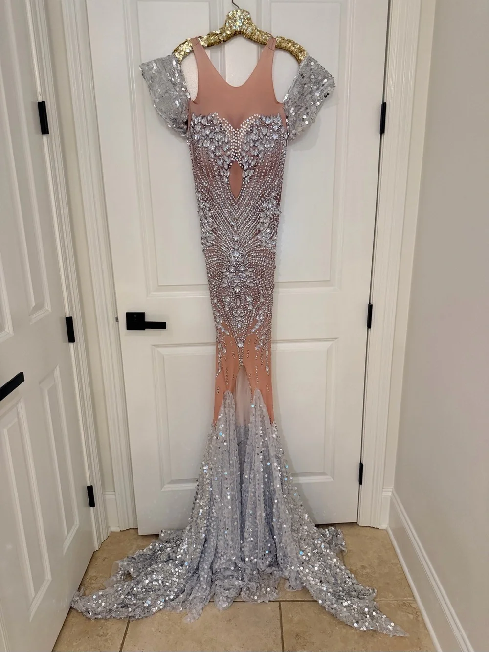 Nude & Silver Sequin Mermaid Prom Dress with Crystal Embellishment